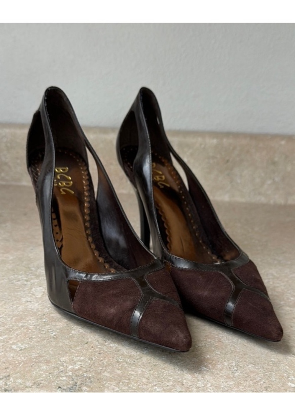 bebe Dark Brown Suede and Leather Pointed-Toe Heels